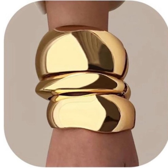 Chunky Gold Bangle Set | Wide 14K Plated Stackable Bracelets. - Picture 2 of 7